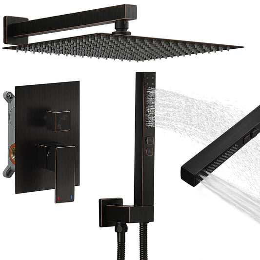 RUMOSE Oil Rubbed Bronze Rainfall Shower System 12 Inch High Pressure Square Shower Head with 2 in 1 Handheld Spray Wall Mount Brass Bathroom Shower Faucet Set with cUPC Certified Rough-in Valve