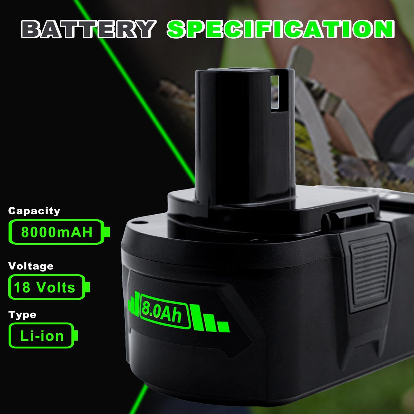Upgrade 8000mAh High Capacity Replacement for Ryobi 18V Battery P108 P104 P105 P102 P103 P122 P109 Li-ION Compatible with Ryobi 18V ONE+ System Cordless Power Tools and Charger,2Pack