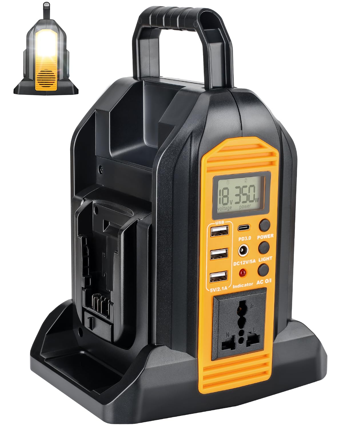 Taingwei 350W Power Inverter for Dewalt 20v 60v Battery, 2-Ports DC 20V to AC 110-120V Pure Sine Wave Battery Inverter with 3 USB-A Port, 1 USB-C Port,300lm LED Light for Camping Emergency(Tool Only)