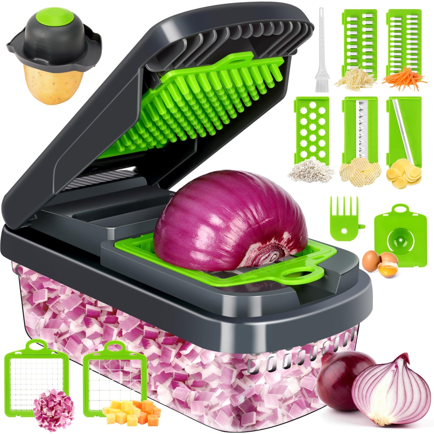 Yusshn Vegetable Chopper,12-in-1 Multifunctional Food Chopper,Professional Onion Chopper with 7 Blades,Vegetable Cutter with Container for Salad,Potato,Carrot,and Garlic; Essential Kitchen Tool(Grey)