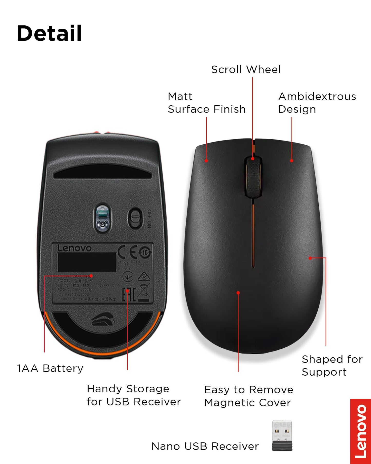 Lenovo 300 Wireless Mouse – Computer Mouse for PC, Laptop with Windows – Ambidextrous Design – 2.4 GHz Nano USB Receiver – 12 Month Battery Life