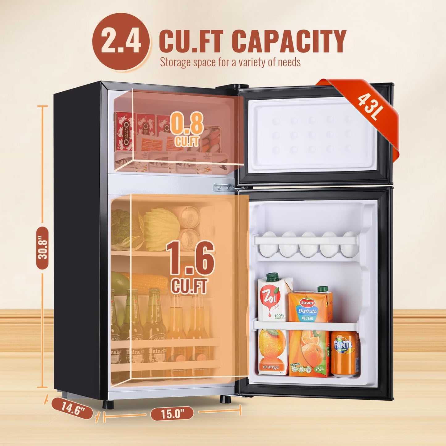 DEMULLER 2.4 Cu.ft Mini Fridge with Double Doors Small Refrigerator with Separate Freezer & 7 Adjustable Temperature Control, Tiny Size & Personal Fridge Ideal for Office Apartment Dorm Black