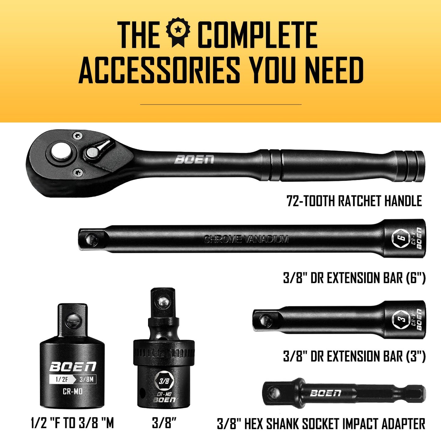 BOEN 3/8" Drive Impact Socket Set, 59-Piece Standard SAE (5/16 to 3/4 inch) and Metric (6-22mm), Include 9-Piece E-Torx Socket Set (E5-E16) 丨Ratchet Handle, Extension Bar, Universal Joint, Adapter