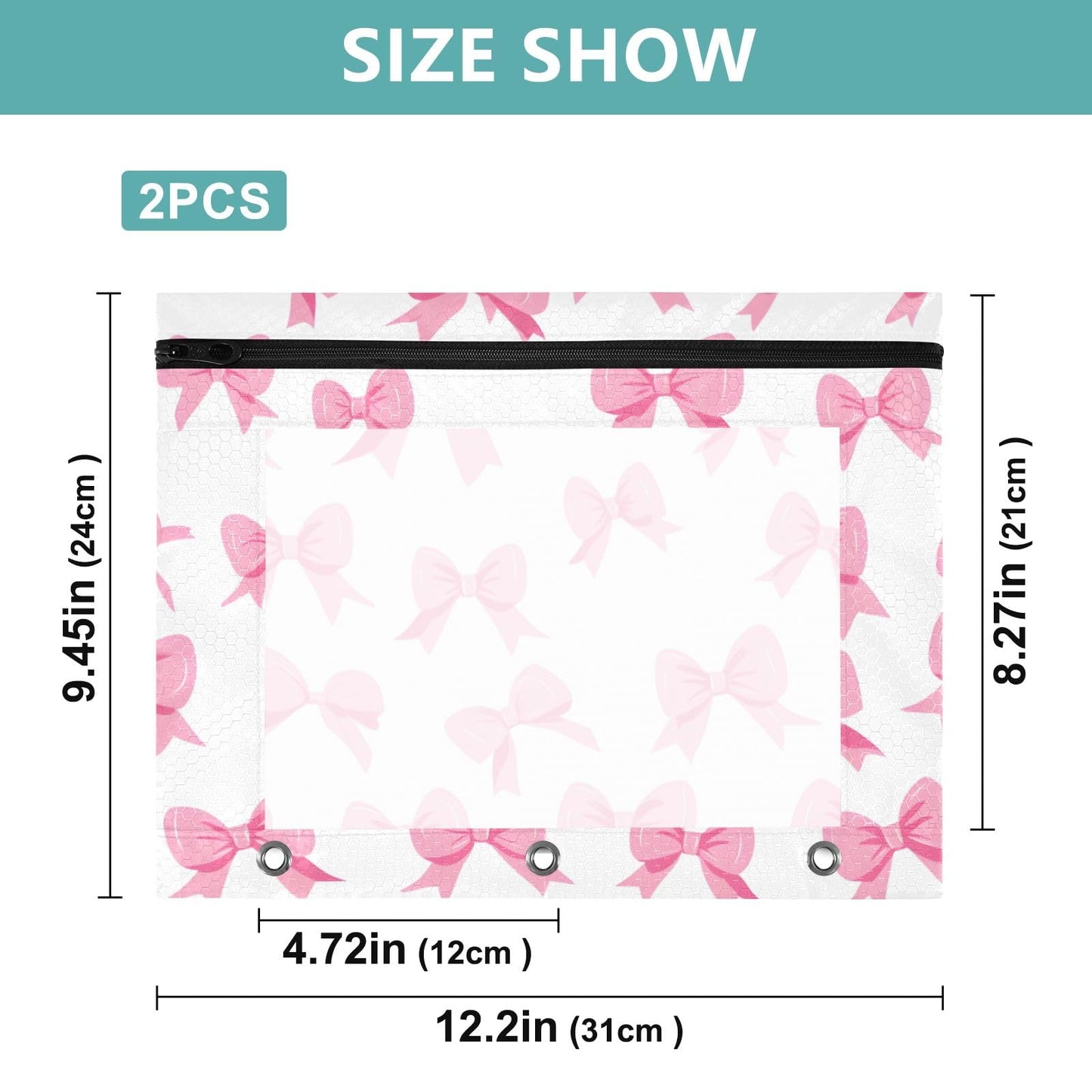 PIMILAGU Pink Bow White Background Pencil Pouch for 3 Ring Binder, Binder Pencil Pouches with Clear Window Zipper Pencil Case Bag for School Office Supplies, 2PCS