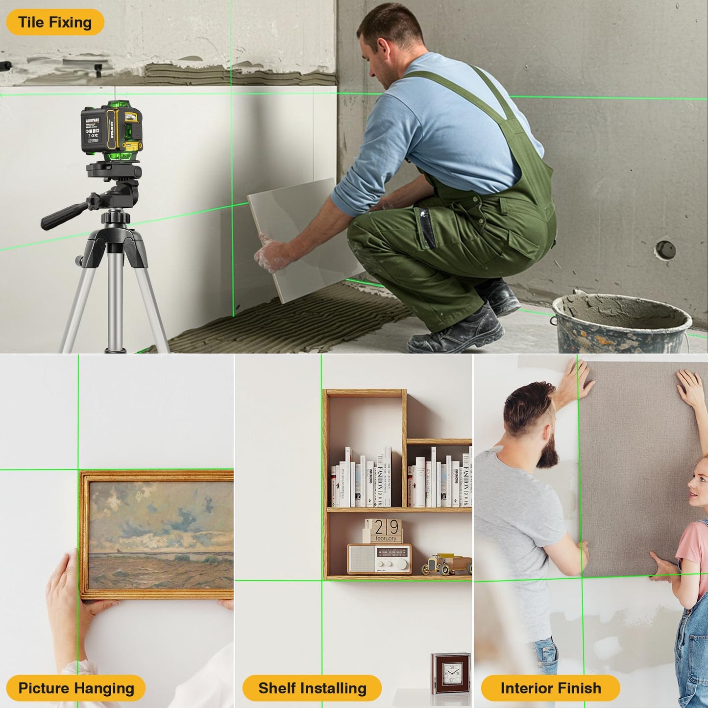 Laser Level with Tripod,Alloyman 4x360° Self Leveling Laser Level,Green Line Laser 4D Laser Leveler Tool with 2Pcs Lithium Batteries for Picture Hanging, Tile, Home Renovation, Indoor