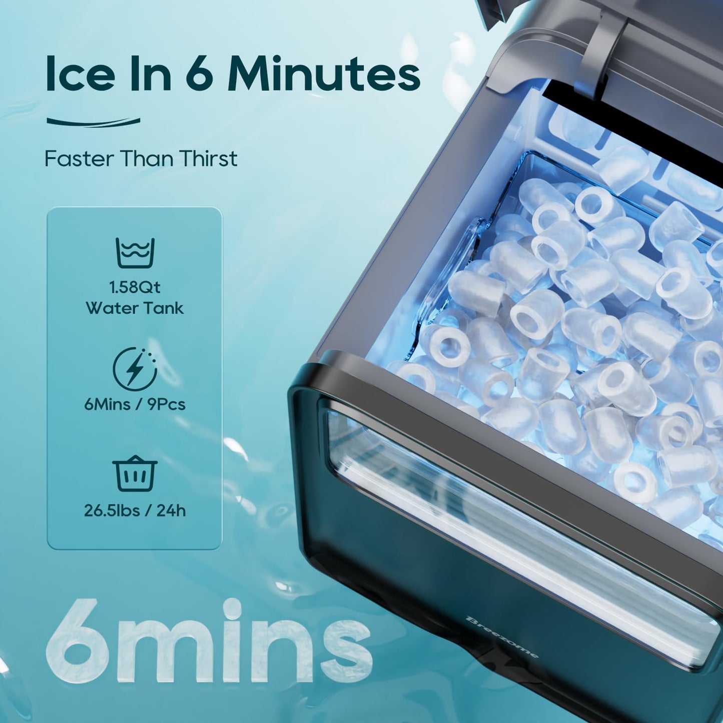 BREEZOME Ice Maker Countertop, Self-Cleaning Ice Machine, 9 Cubes in 6 Mins, 26.5lbs in 24Hrs, Compact Ice Maker with Basket & Scoop, Quiet Operation, 2 Sizes of Bullet Ice for Home Kitchen Camping RV