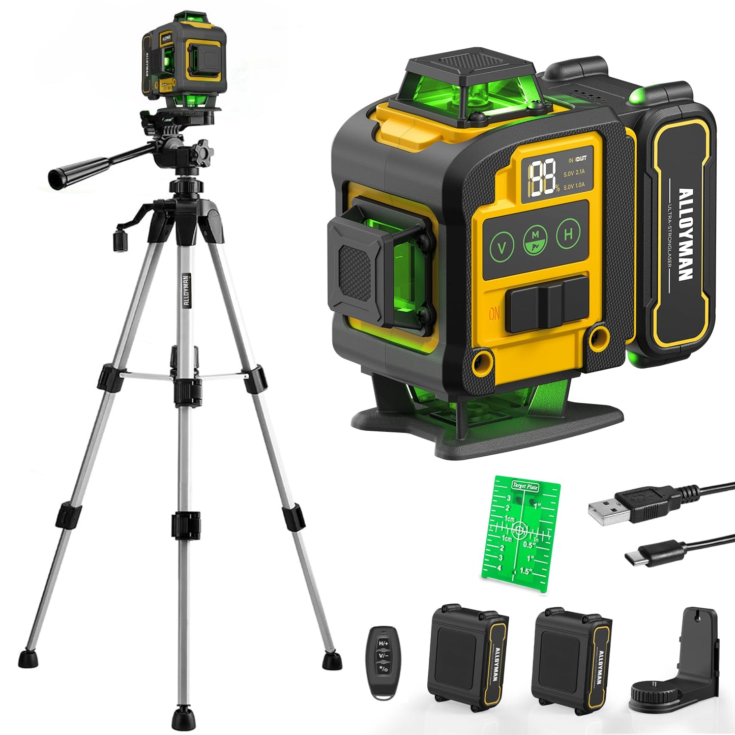 Laser Level with Tripod,Alloyman 4x360° Self Leveling Laser Level,Green Line Laser 4D Laser Leveler Tool with 2Pcs Lithium Batteries for Picture Hanging, Tile, Home Renovation, Indoor