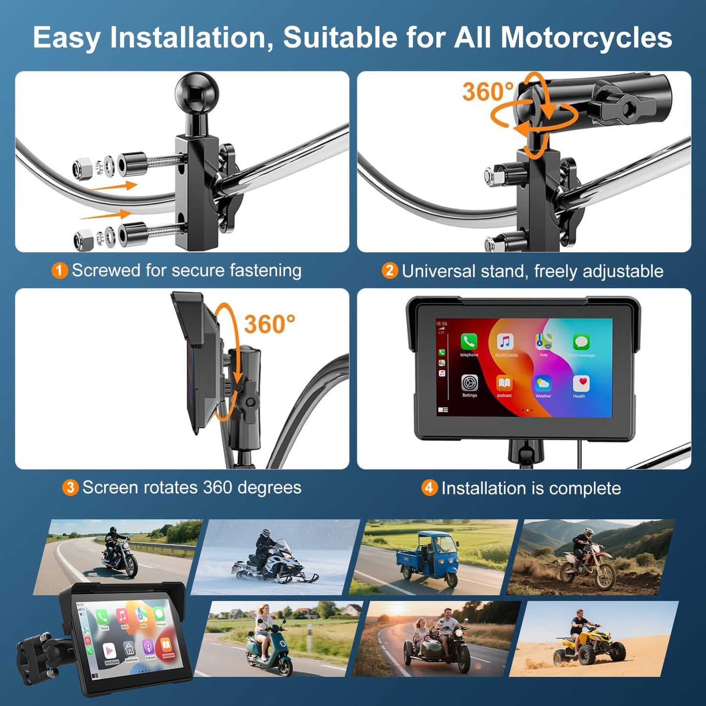 Wireless Motorcycle Apple Carplay,7 Inch Portable Motor GPS Navigation with Apple Carplay & Android Auto,Siri & Google Assistant, Anti-Glare/Bluetooth 5.2/ Voice Control/ IP69K Waterproof Touchscreen