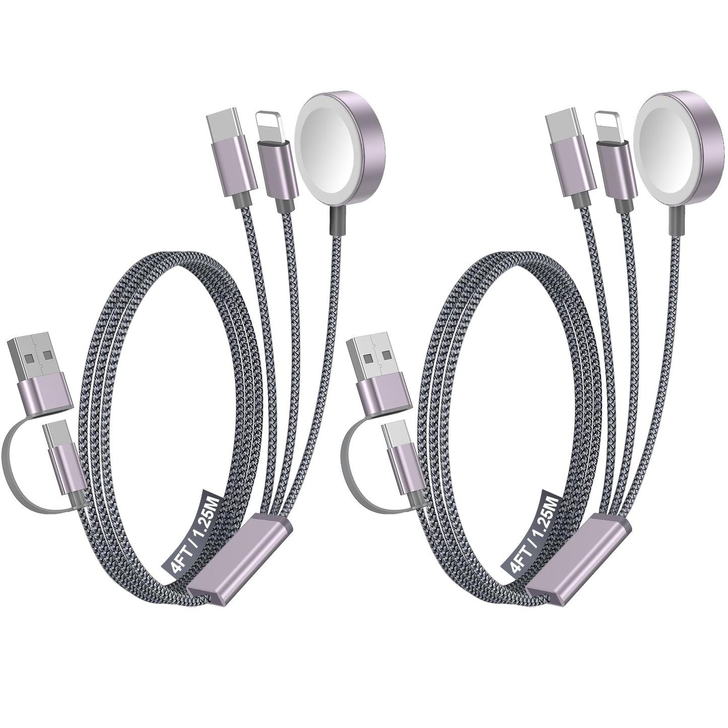 2Pack Multi Fast Charging Cable for Travel Essentials,Apple Watch Charger,iPhone Charger[3-in-2] USB A/Type C/Lightning Cable for iWatch Ultra/SE/10-2,iPhone 16-11,Galaxy S25-21,Airpods,iPad,Car-4FT