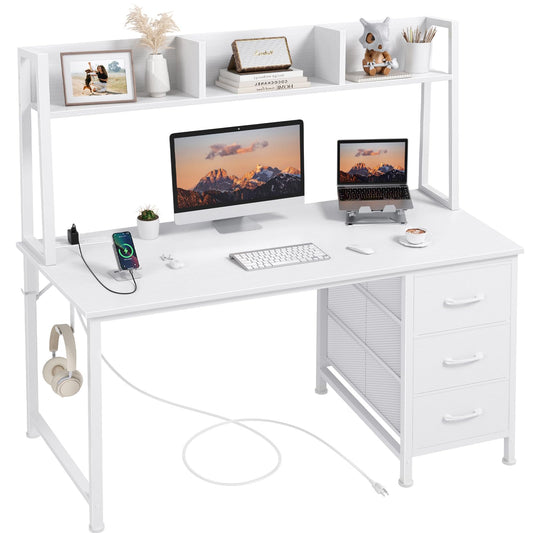 White Computer Desk with Hutch & Drawers - Office Desk with 3 Storage Drawers and Power Outlets, 47 Inch Modern Study Writing Desk for Bedroom Home Office