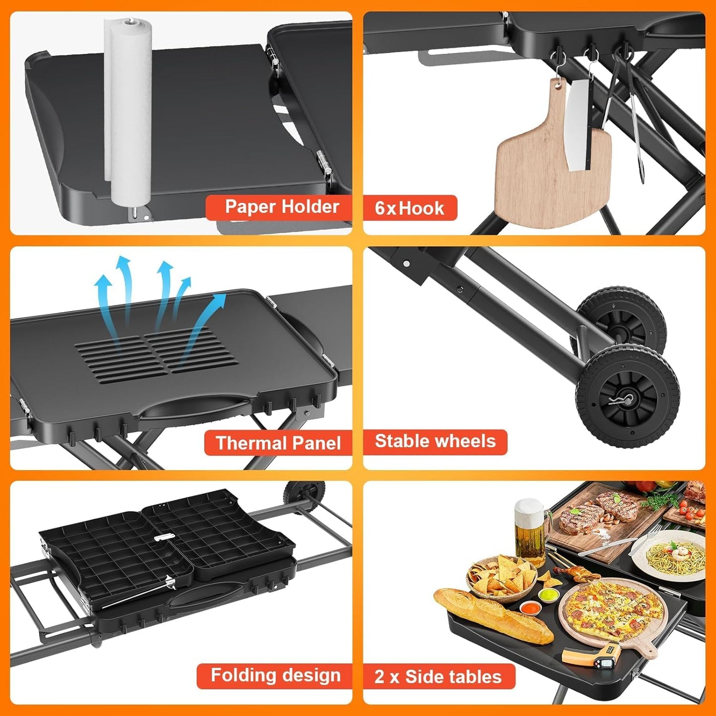 Outdoor Portable Grill Table Cart for Ninja Woodfire- OG701 OG850 OG951, 51in Large Foldable Grill Stand for Ninja Blackstone, Weber, with Paper Towel Holder and J-hooks