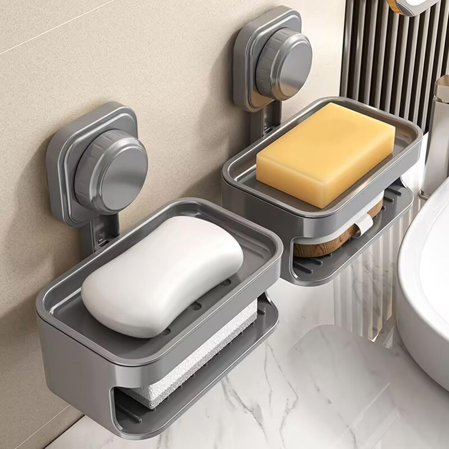 Soap Holder for Shower Wall, Suction Cup Soap Dish with Drainage, No Drilling Bar Soap Sponge Holder for Bathroom Bathtub Kitchen Sink, Removable Suction Shower Caddy (Grey)