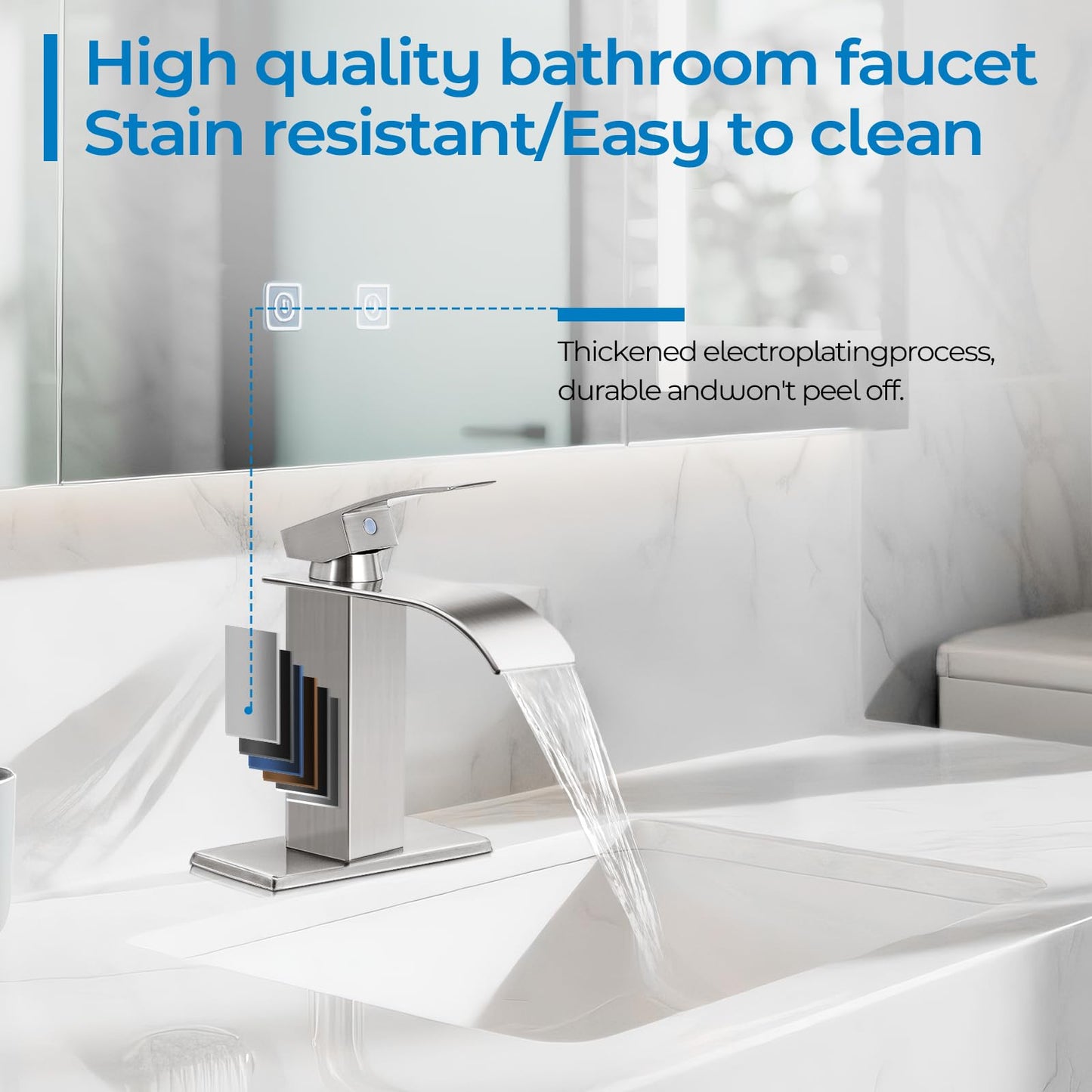 RNDIOZD Brushed Nickel Bathroom Faucets, Waterfall Bathroom Sink Faucet Modern Single Handle Bathroom Faucte 1 or 3 Hole, RV Mixer Tap Vanity Faucet - Includes Pop-up Drain Supply Hoses Deck Plate