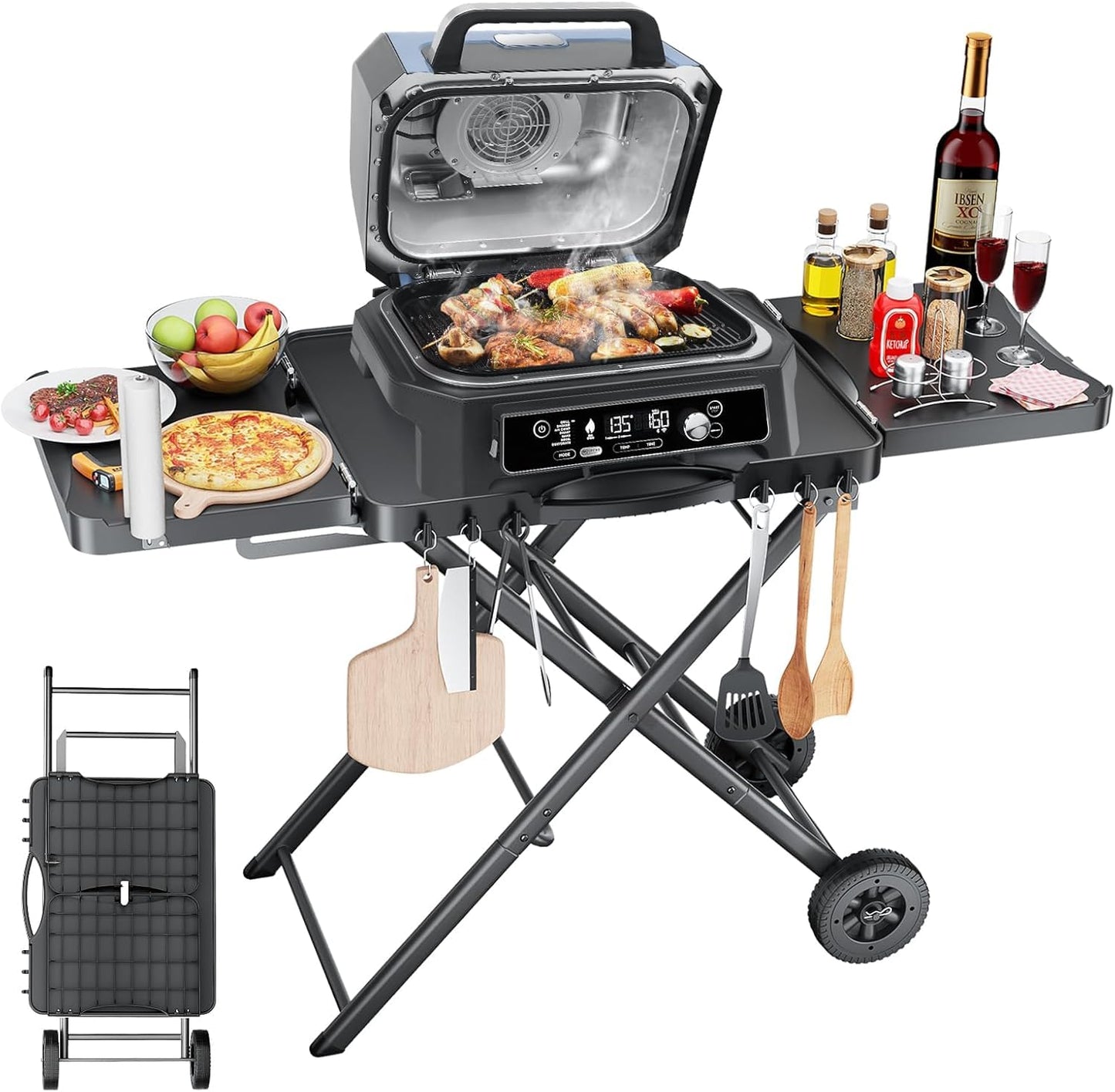 Outdoor Portable Grill Table Cart for Ninja Woodfire- OG701 OG850 OG951, 51in Large Foldable Grill Stand for Ninja Blackstone, Weber, with Paper Towel Holder and J-hooks