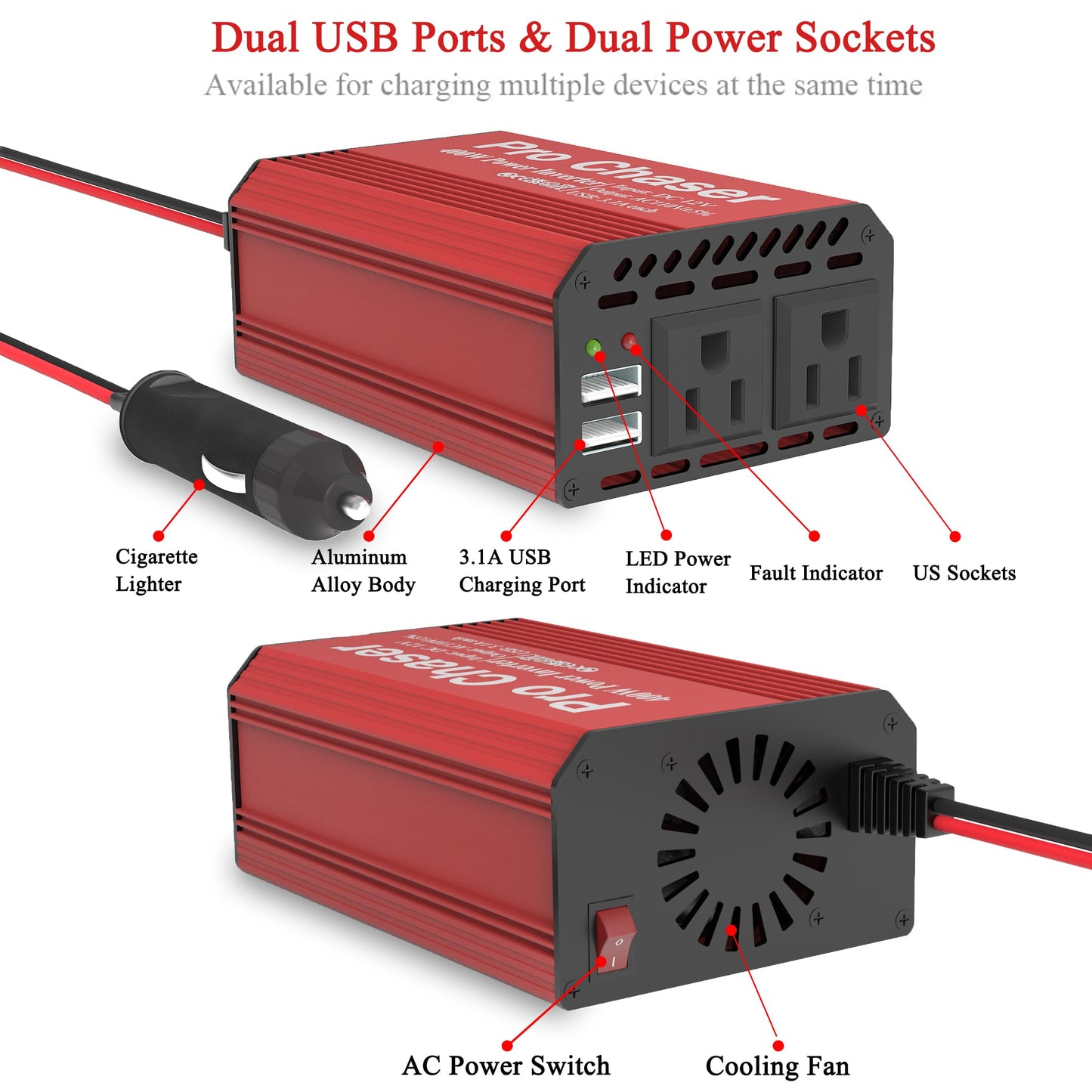 Pro Chaser 400W Power Inverters for Vehicles - DC 12v to AC 110v Car Inverter Converter, 6.2A Dual USB Charging Ports, Dual AC Adapter for Laptops Air Compressor