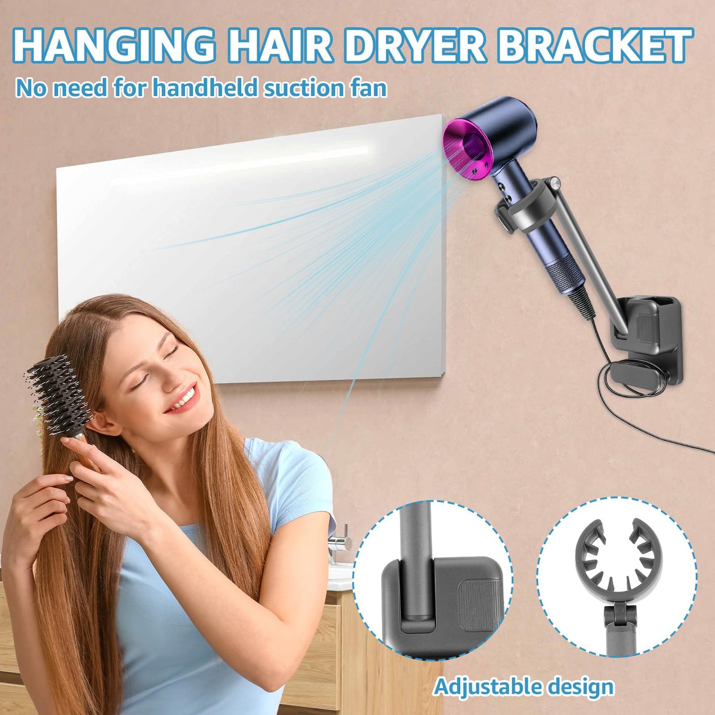 bigjvbfv Wall Mounted Hair Dryer Holder Blower Dryer Storage Rack Adjustable Hook Rack Space Saving Multipurpose Organizer Drill for Bathroom Curling Iron Hair Straightener