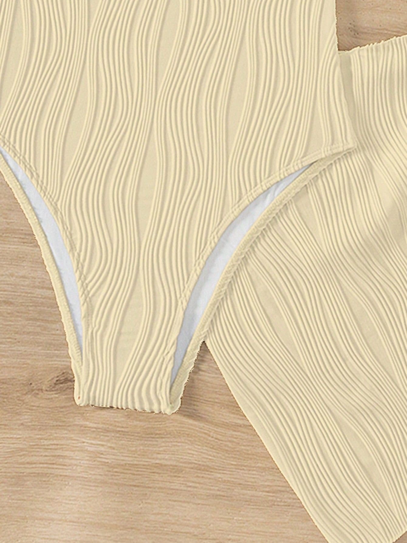 SKAYS Womens One Piece Swimsuit Texture Hollow Out Halter Neck Solid Color Bathing Suit with Cover-Up 2-Piece Sets Swimwear Apricot M