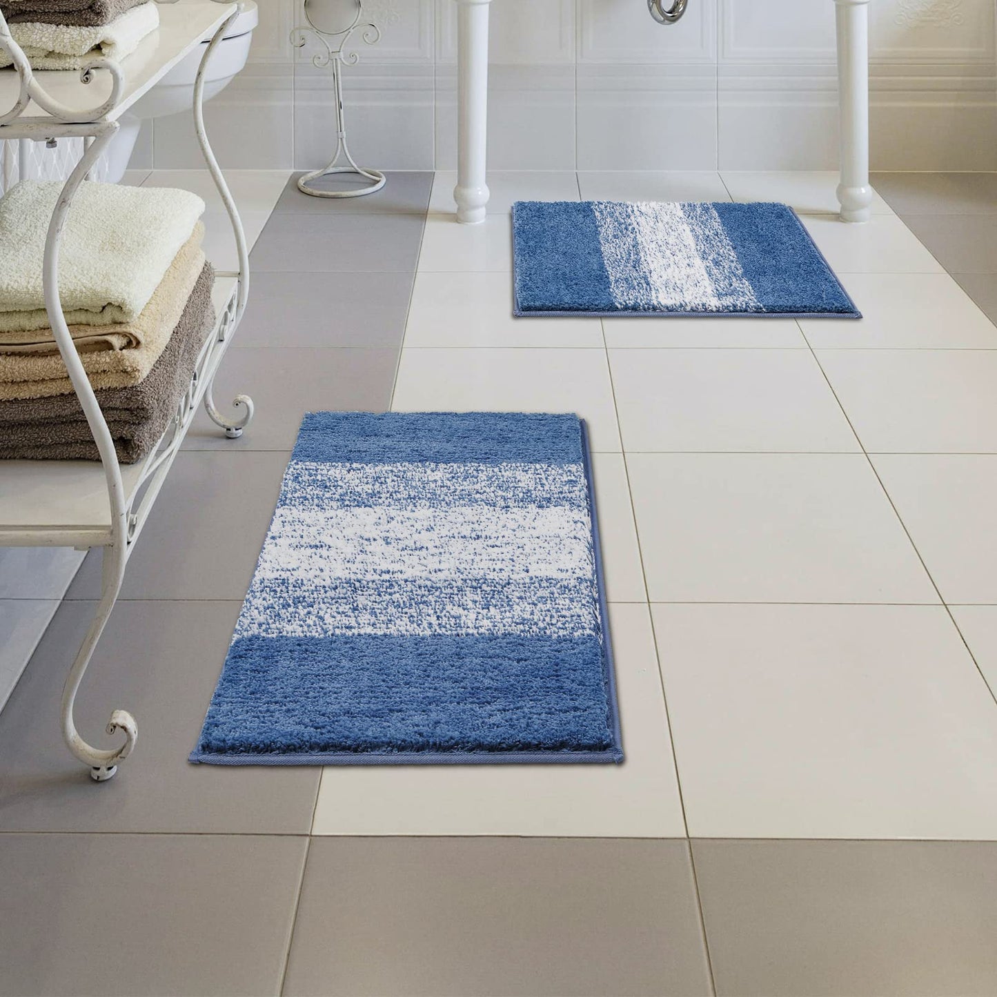 Vaukki Luxury Soft Bathroom Rugs Set of 2, Non Slip Washable Plush Bath Floor Mats, Microfiber Shaggy Absorbent Striped Bath Carpet for Tub, Bathroom and Shower (18''x26''+20''x32'', Blue)