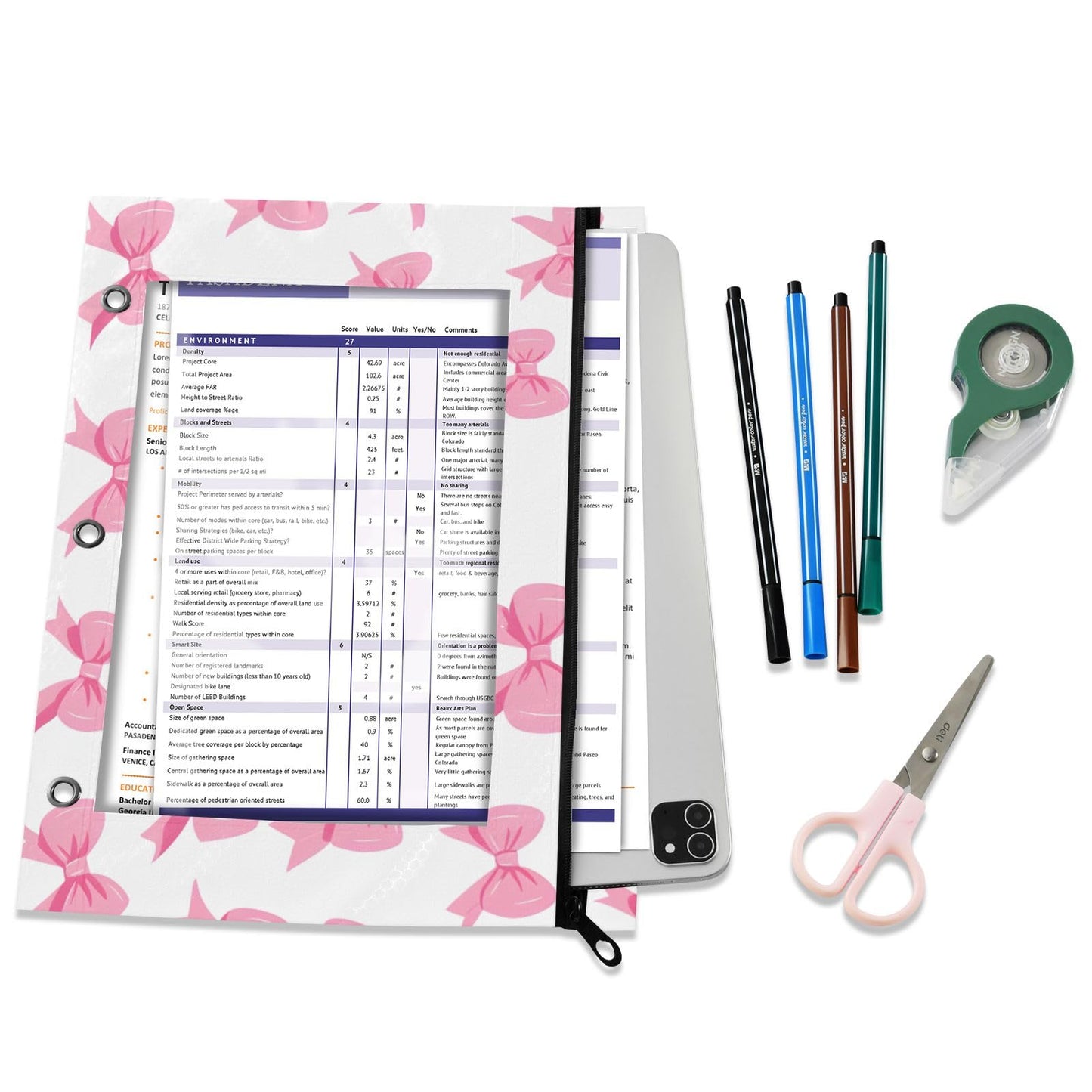 PIMILAGU Pink Bow White Background Pencil Pouch for 3 Ring Binder, Binder Pencil Pouches with Clear Window Zipper Pencil Case Bag for School Office Supplies, 2PCS