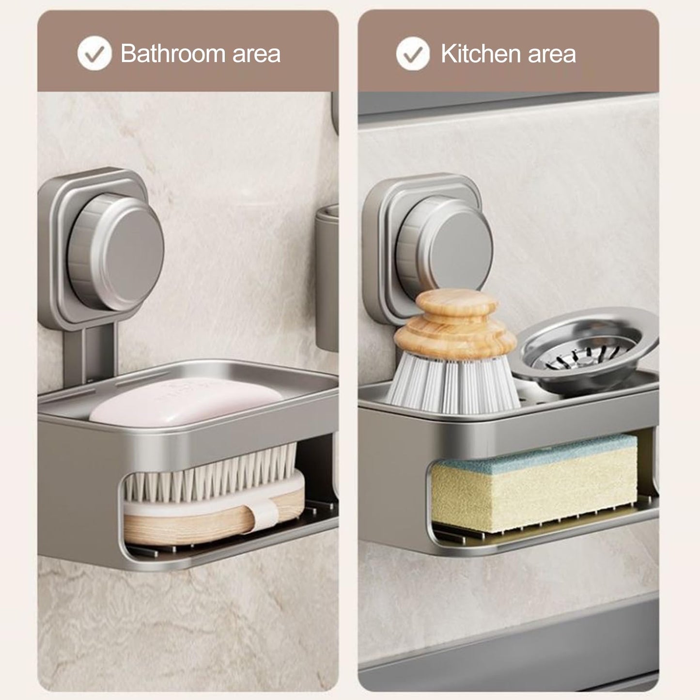 Soap Holder for Shower Wall, Suction Cup Soap Dish with Drainage, No Drilling Bar Soap Sponge Holder for Bathroom Bathtub Kitchen Sink, Removable Suction Shower Caddy (Grey)