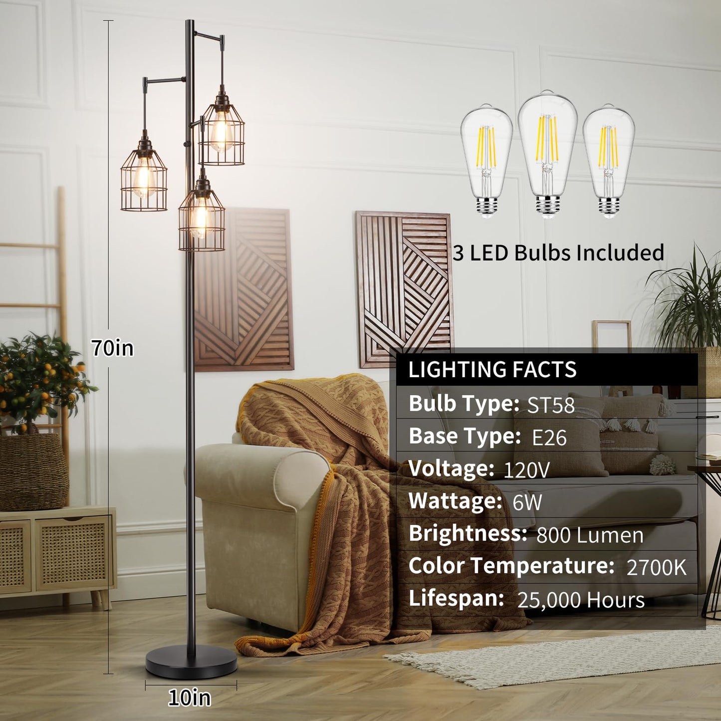 Sucolite 70" Dimmable Floor Lamp for Living Room, Industrial 3-Light Tree Floor Lamp Black with Cages, Farmhouse Rustic Tall Standing Lamp Floor Lighting for Bedroom Office, 3 Free LED Edison Bulbs