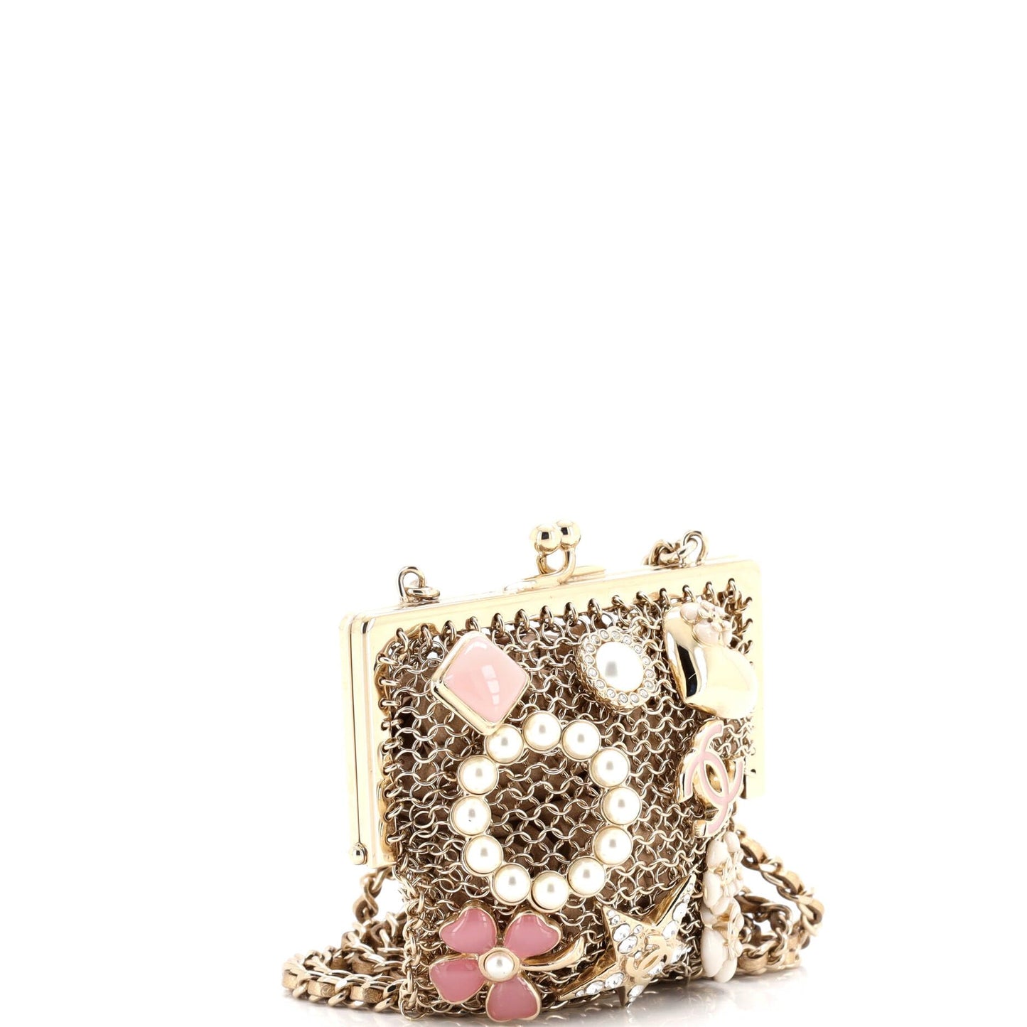 Chanel, Pre-Loved CC Charm Kisslock Frame Clutch with Chain Embellished Metal Mesh Mini, Gold