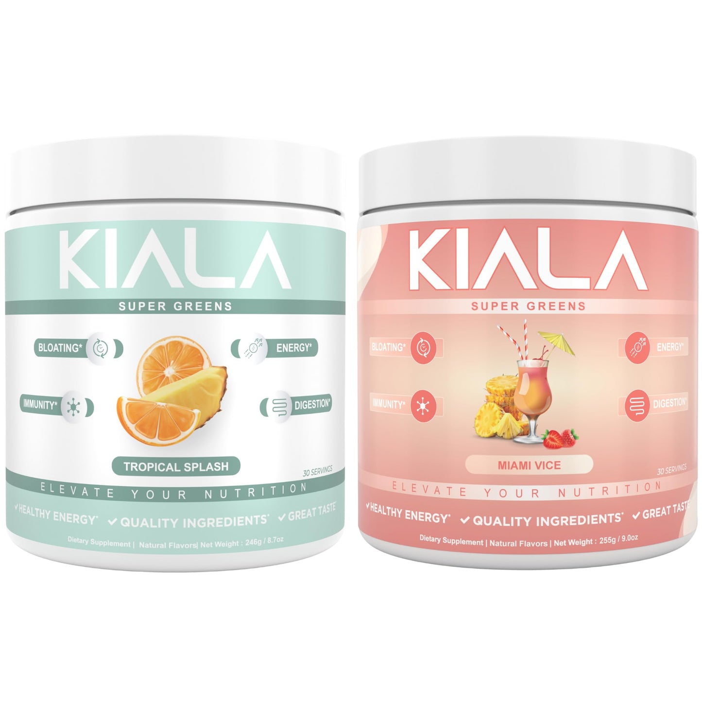 Kiala Nutrition Super Greens, Organic Greens Powder with Spirulina & Chlorella for Digestion, Gut Health, Immunity & Energy, Gluten Free, Vegan, Tropical Splash + Miami Vice, 30 Servings Each