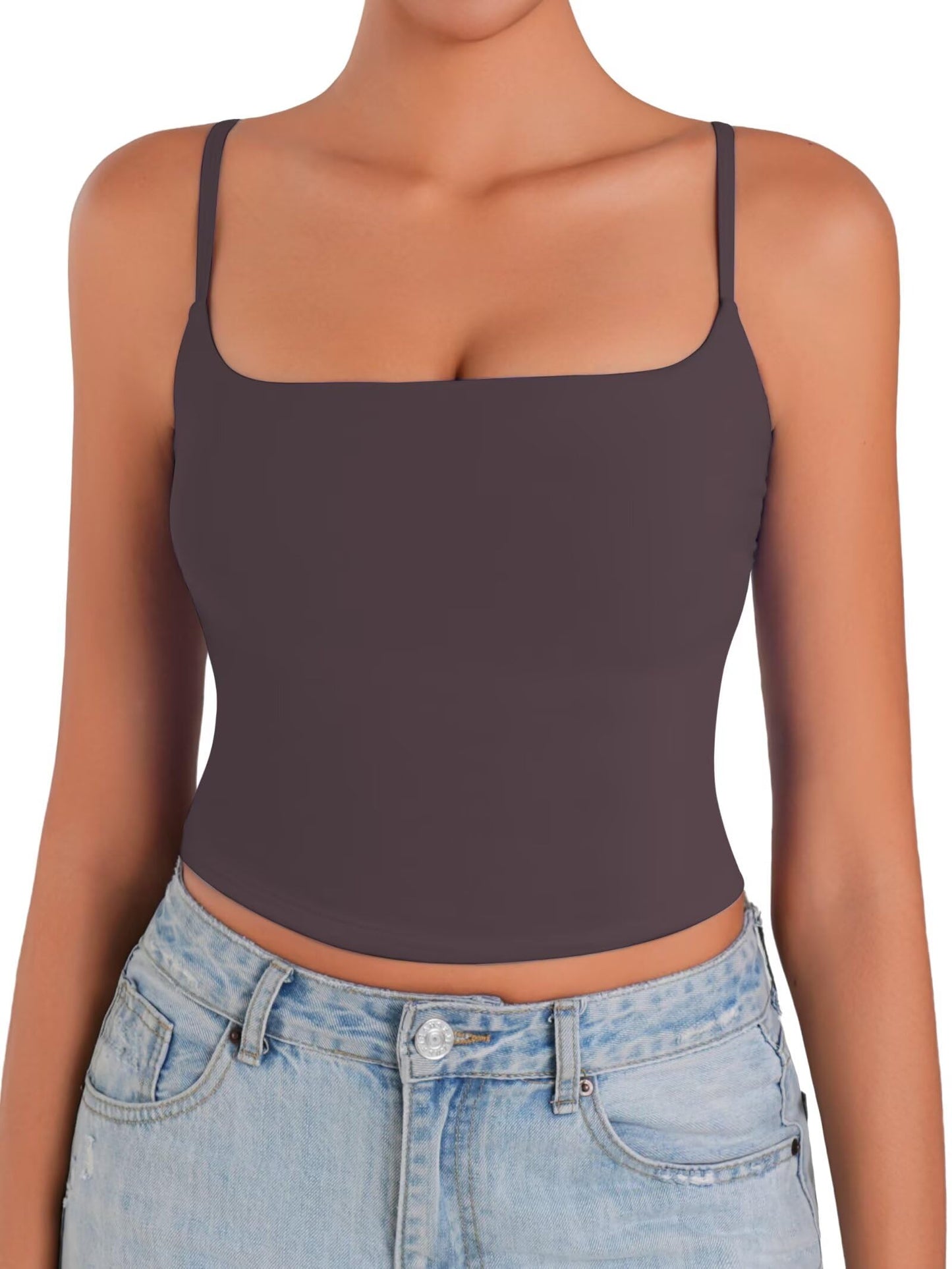 Sunzel Spaghetti Strap Tank Top for Women Double Lined Camisole Square Neck Cami Top Summer Undershirts Going Out Basics Seal Brown Small