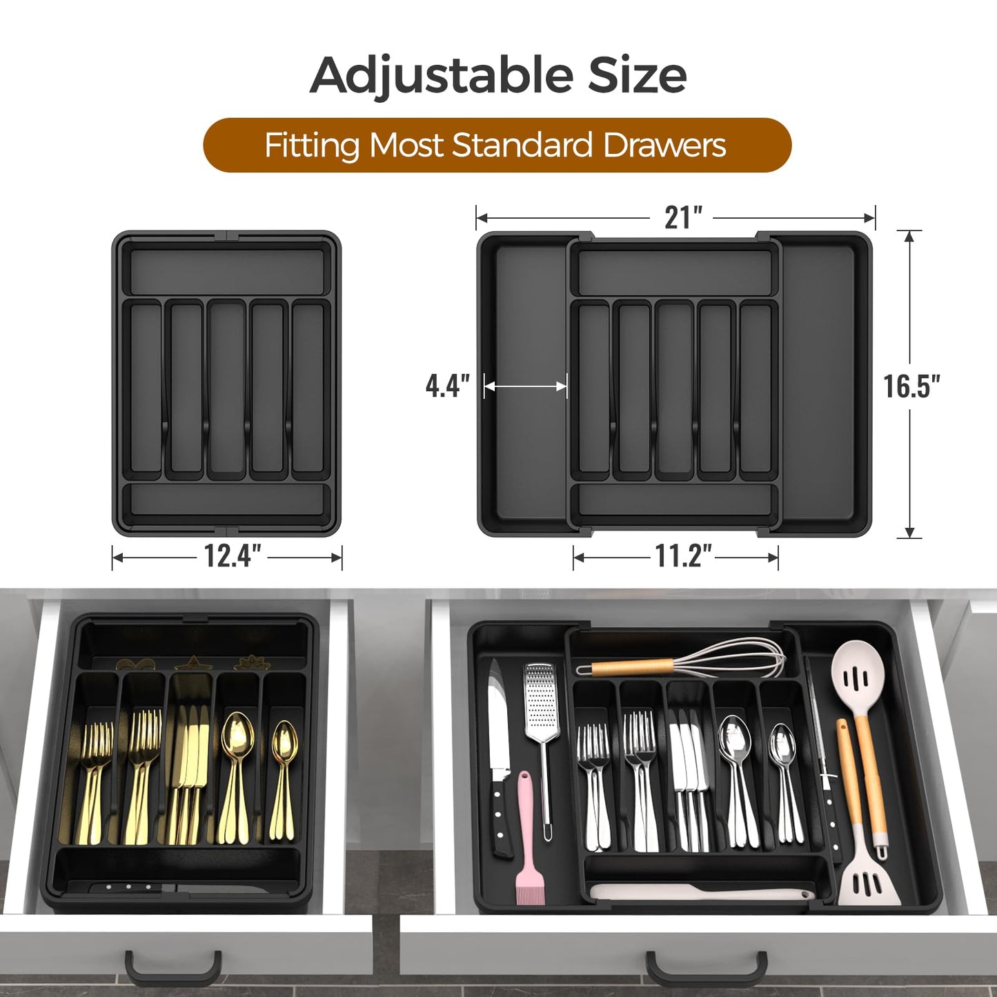 ukeetap Extra Large Expandable Silverware Organizer, BPA-Free Food-Safe Cutlery Flatware Organizer, Kitchen Utensil Drawer Organizer, Adjustable Silverware Holder for Spoons Forks Knives, Black