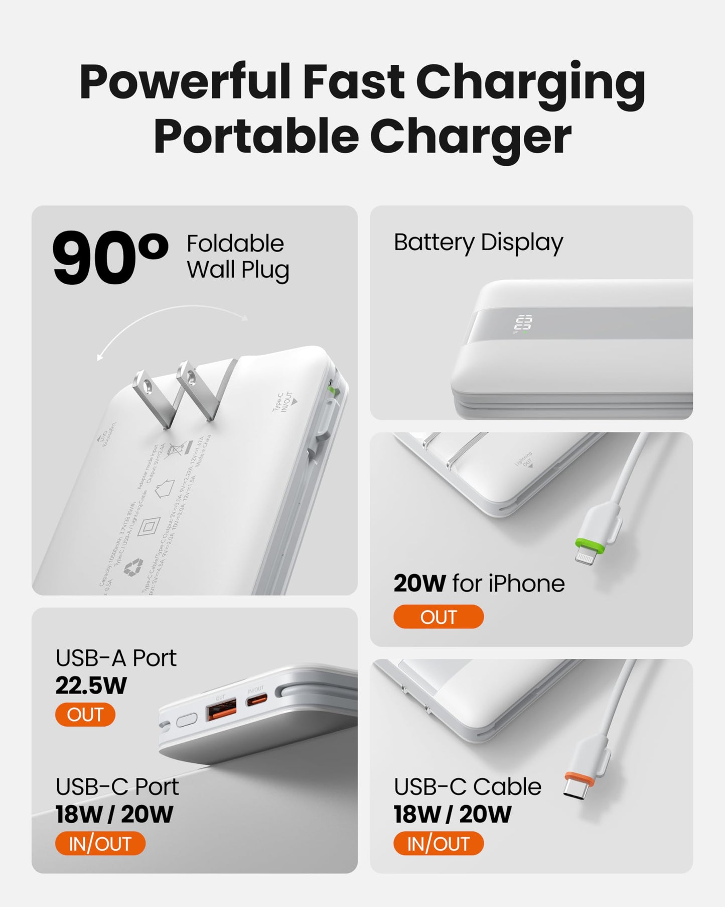 Portable Charger with Foldable AC Wall Plug, Slim 10500mAh 22.5W Fast Charging Power Bank Built-in Cables, 4 Outputs 3 Inputs LED Display External Battery Pack Compatible with iPhone/Android (White)