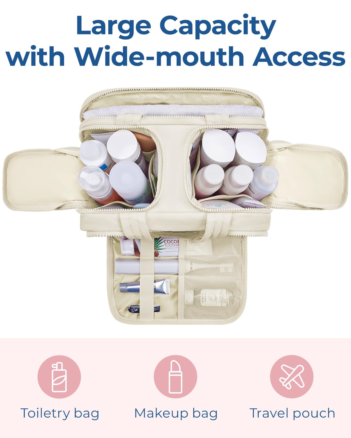 BAGSMART Travel Toiletry Bag, Lightweight Large Wide-open Travel Bag for Women, Puffy Cosmetic Makeup Bag Organizer with Handle for Accessories,Essentials, Toiletries, Beige