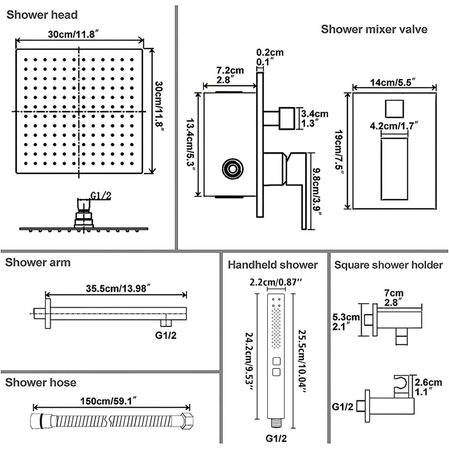 RUMOSE Oil Rubbed Bronze Rainfall Shower System 12 Inch High Pressure Square Shower Head with 2 in 1 Handheld Spray Wall Mount Brass Bathroom Shower Faucet Set with cUPC Certified Rough-in Valve