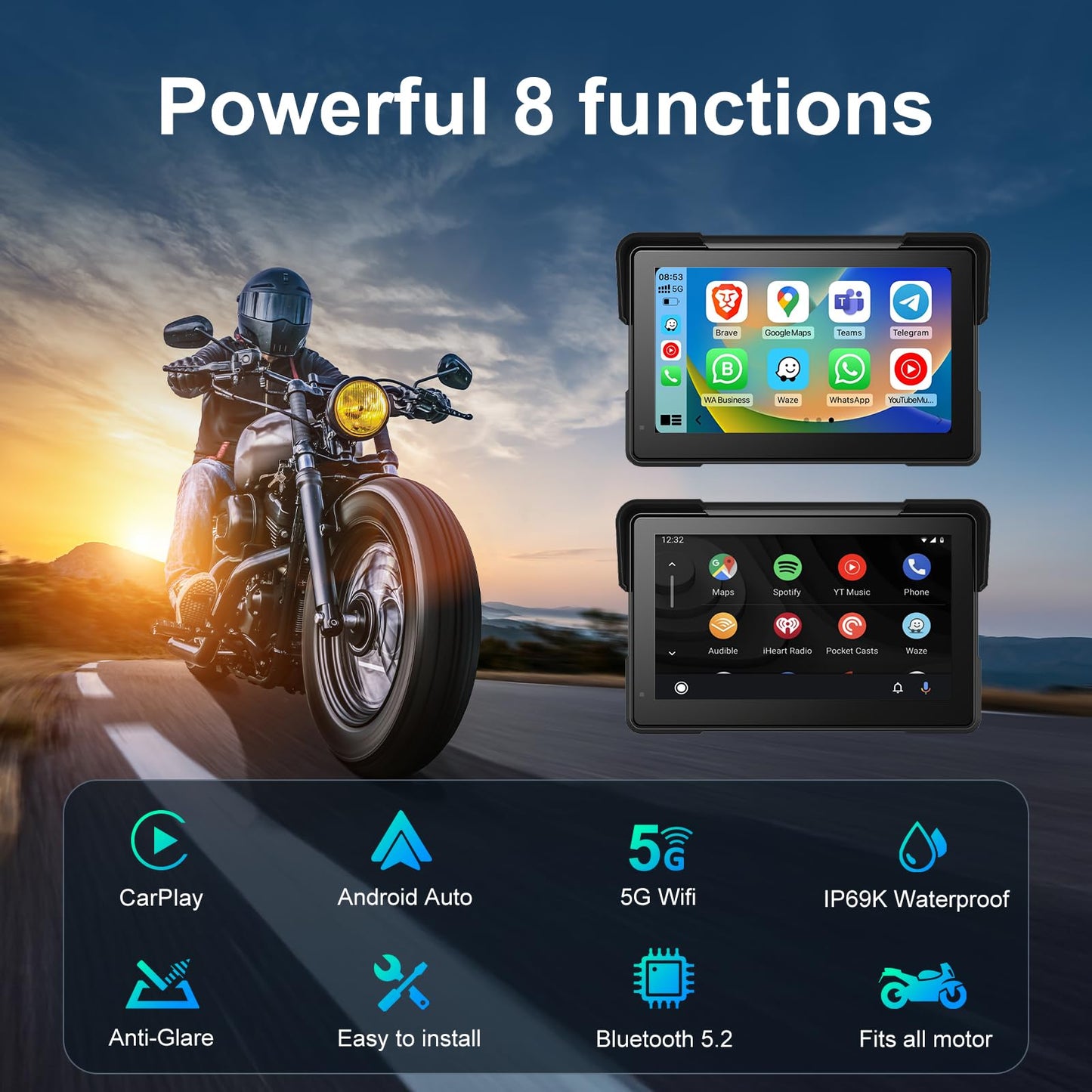 Wireless Motorcycle Apple Carplay,7 Inch Portable Motor GPS Navigation with Apple Carplay & Android Auto,Siri & Google Assistant, Anti-Glare/Bluetooth 5.2/ Voice Control/ IP69K Waterproof Touchscreen