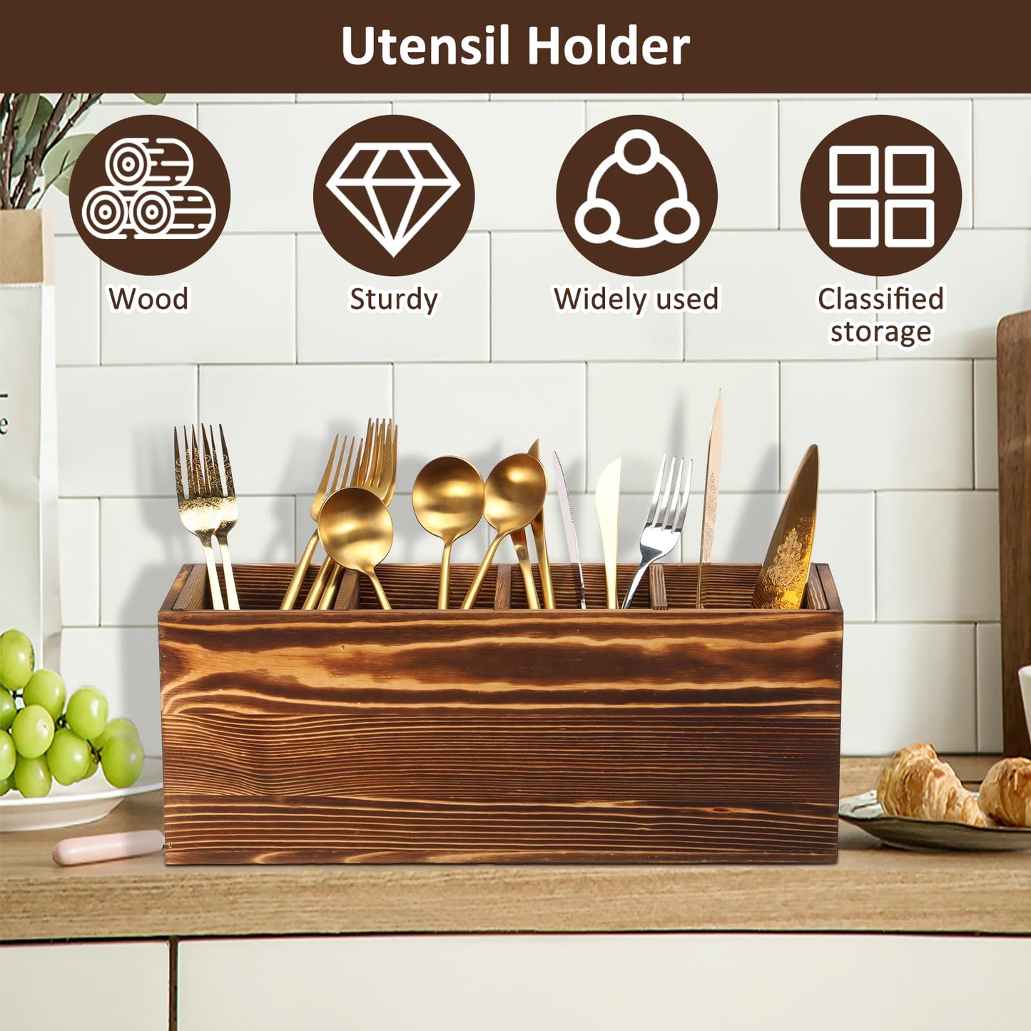 Tcwhniev Utensil Holder 4 Compartments, Wood Silverware Caddy with Removable Divider Reusable Utensil Caddy for Home Kitchen Countertop Party