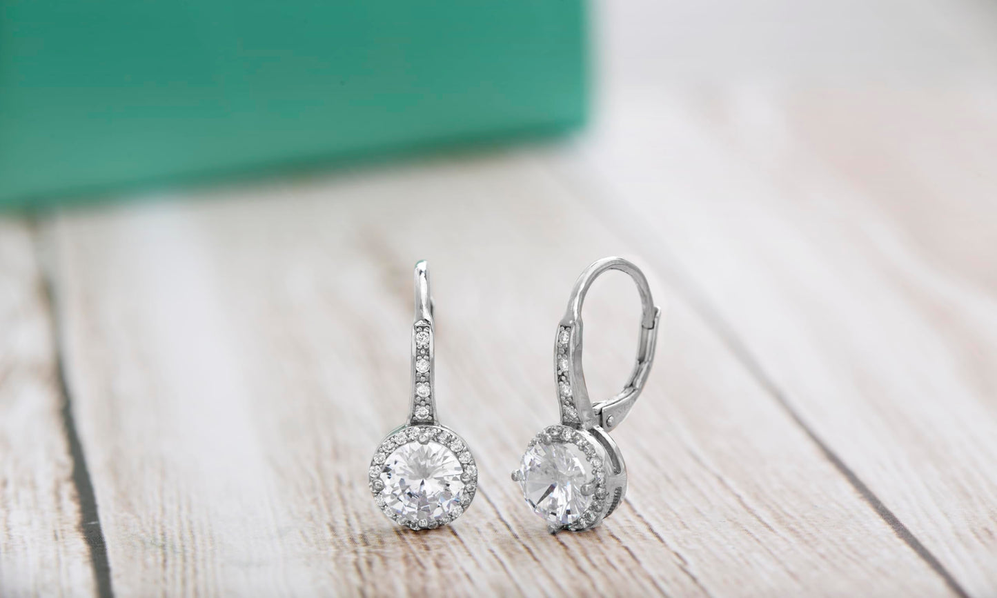 Mia Sarine Rhodium Plated 925 Sterling Silver Cubic Zirconia Halo Leverback Dangle Bridal Earrings for Women White