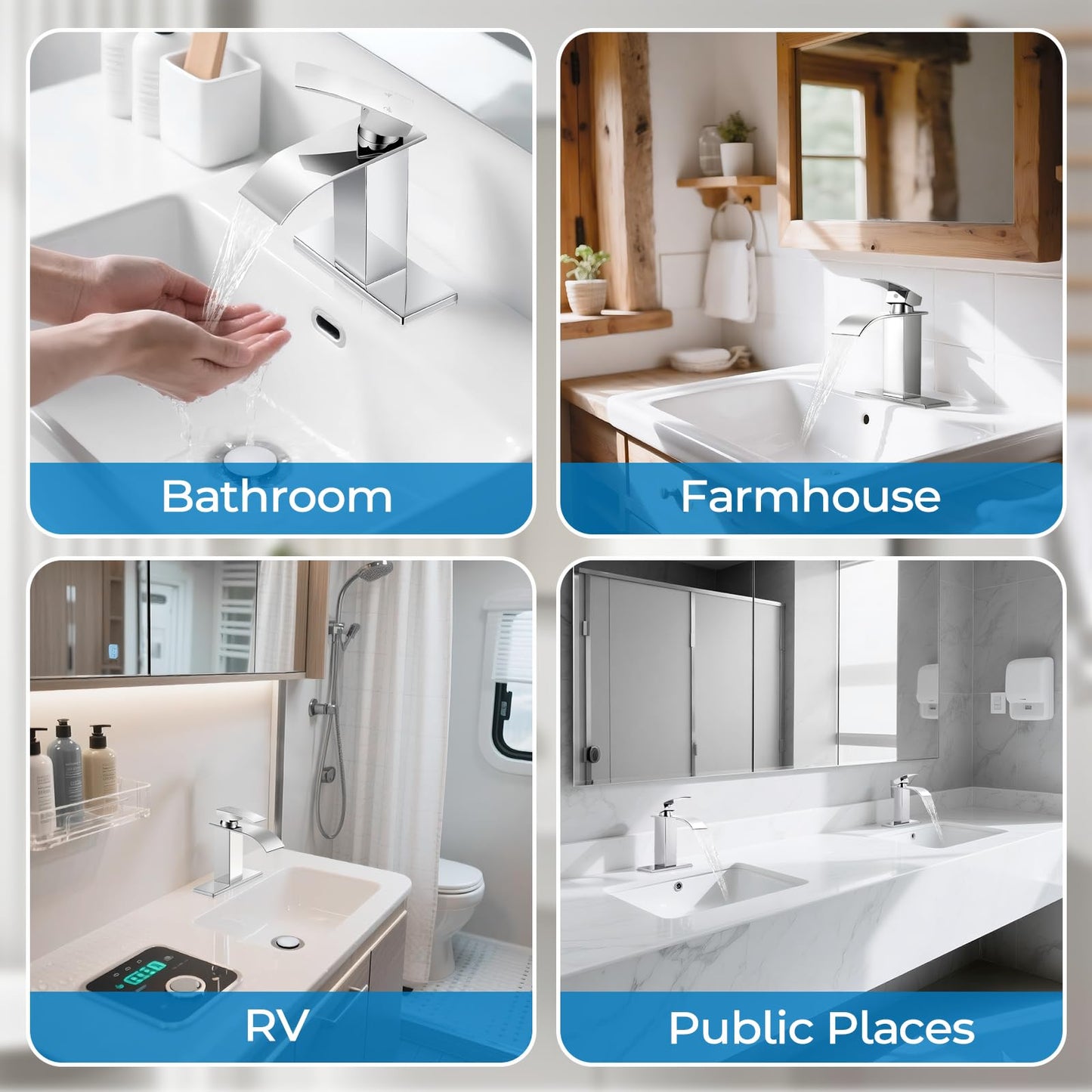 RNDIOZD Chrome Bathroom Faucets, Waterfall Bathroom Sink Faucet Modern Single Handle Bathroom Faucte 1 or 3 Hole, RV Mixer Tap Vanity Faucet - Includes Pop-up Drain Supply Hoses Deck Plate