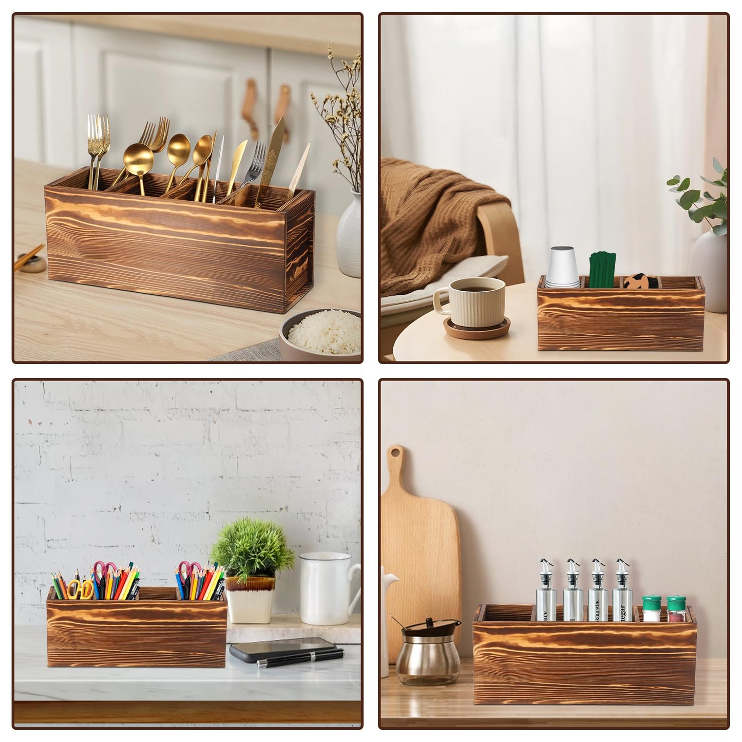 Tcwhniev Utensil Holder 4 Compartments, Wood Silverware Caddy with Removable Divider Reusable Utensil Caddy for Home Kitchen Countertop Party