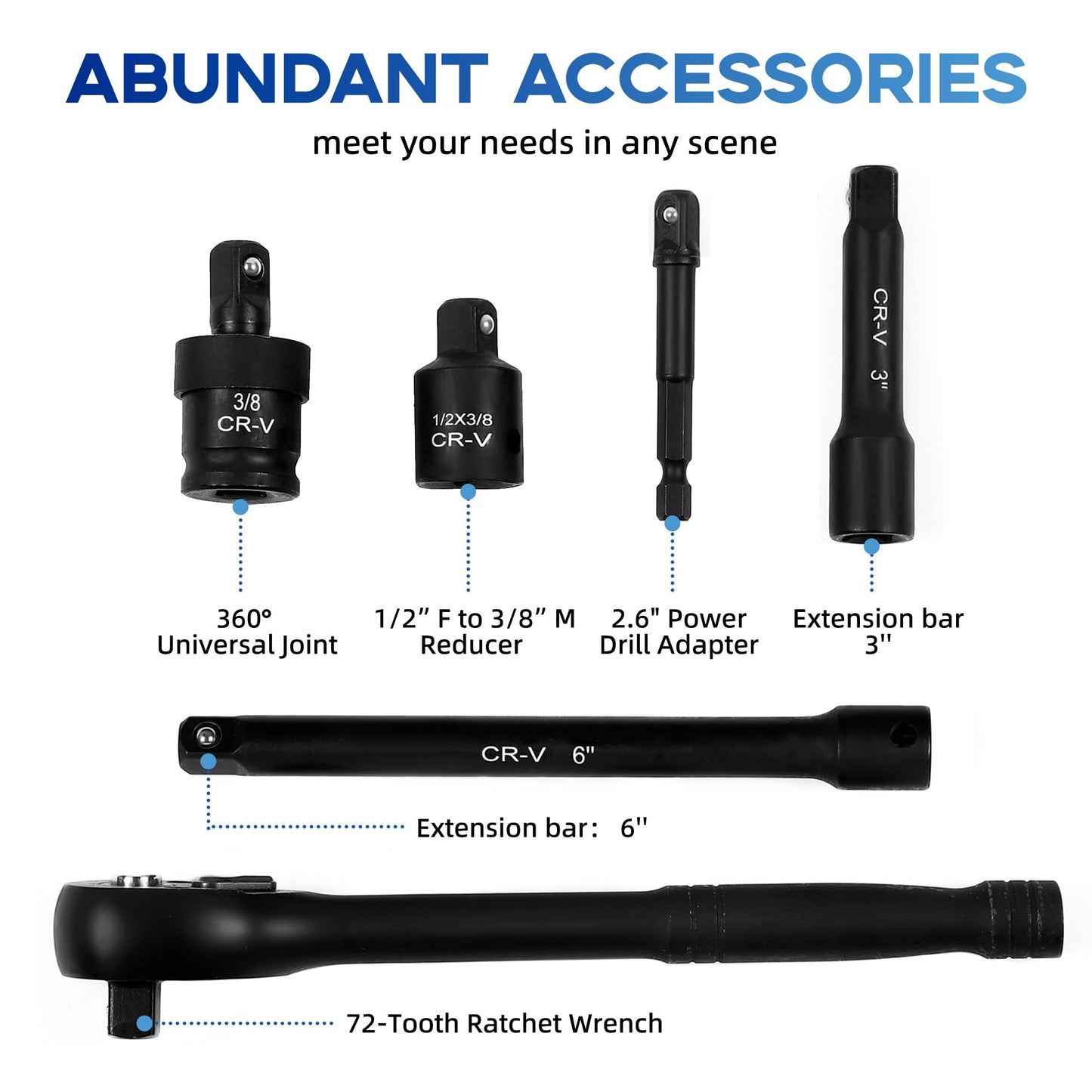 Reniteco 64-Piece 3/8" Drive Socket Set, SAE (5/16"-1") & Metric (6mm-24mm), Deep & Shallow, 72-Tooth Ratchet Wrench, Extension Bars, 1/2" F to 3/8" M Reducer, Universal Joint & Power Drill Adapter