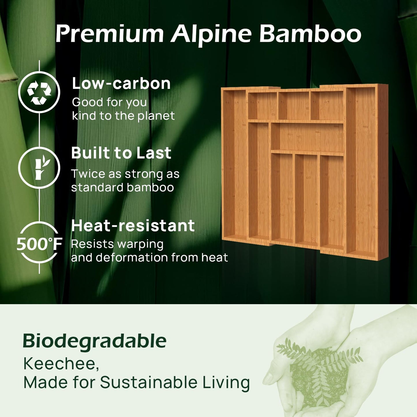 keechee Carbonized Bamboo Kitchen Drawer Organizer, 8-10 Slots Expandable Silverware Organizer, Utensil Holder & Cutlery Tray, 2.2" Deep for Extra Capacity, Non-Slip Feet Included.