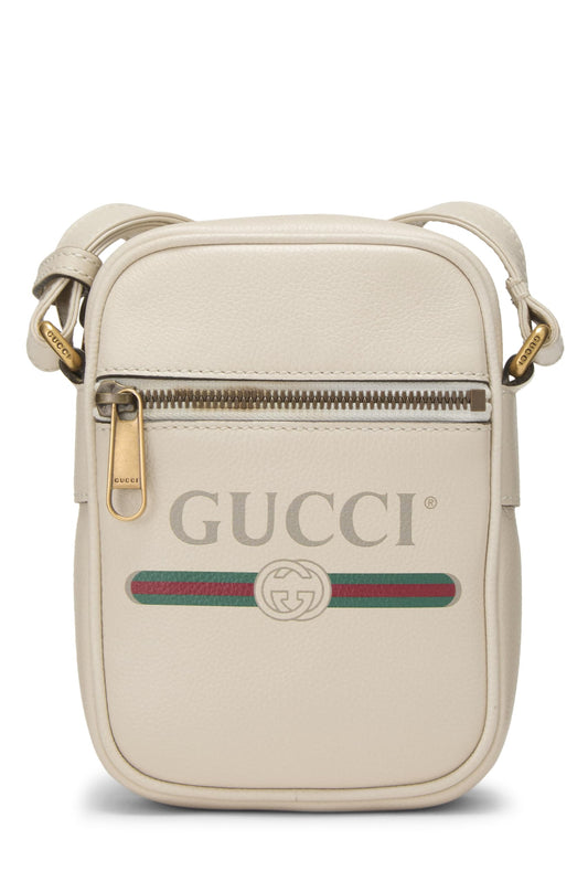 Gucci, Pre-Loved White Leather Logo Printed Vertical Camera Bag Mini, White