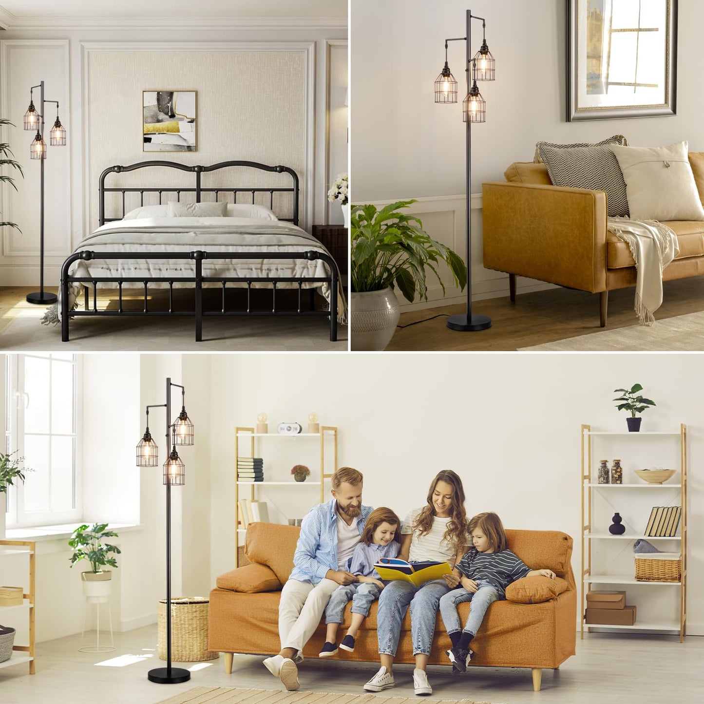 Sucolite 70" Dimmable Floor Lamp for Living Room, Industrial 3-Light Tree Floor Lamp Black with Cages, Farmhouse Rustic Tall Standing Lamp Floor Lighting for Bedroom Office, 3 Free LED Edison Bulbs