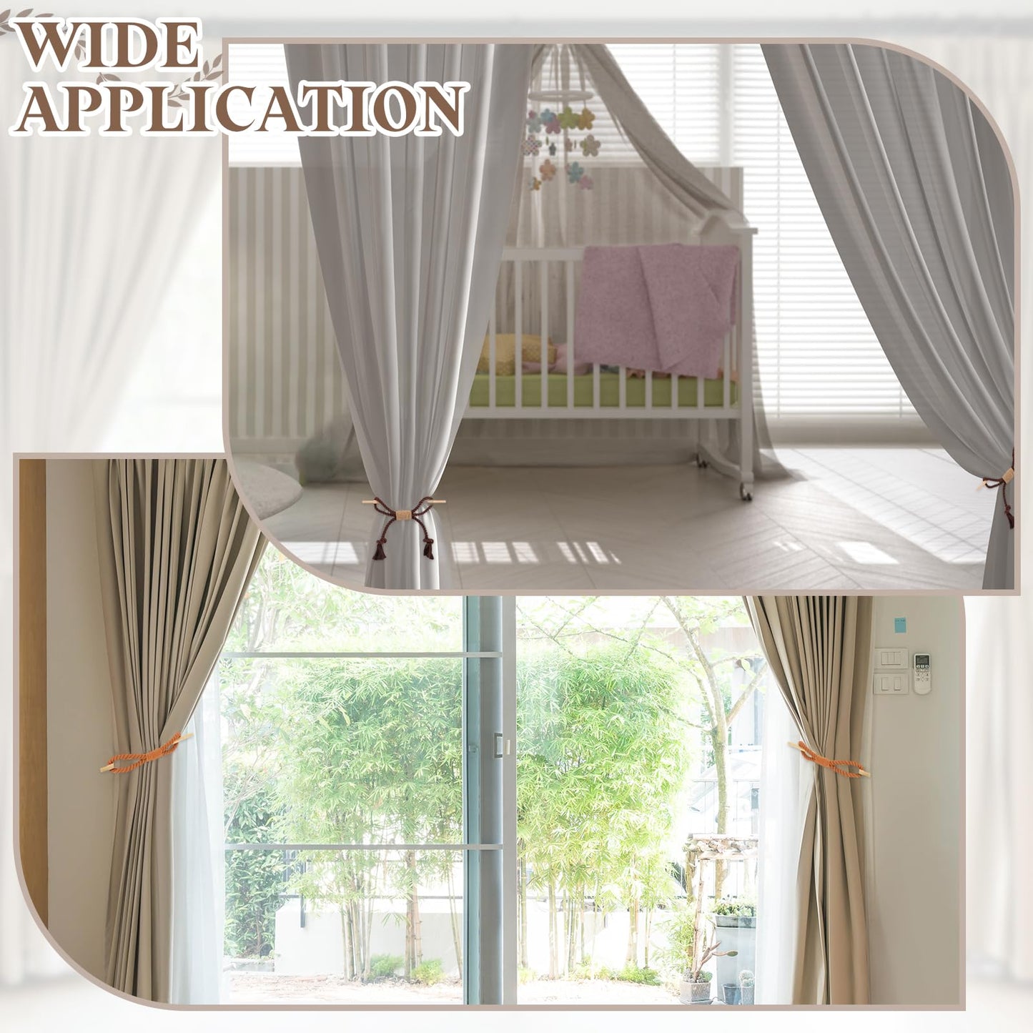 uxcell 4 Pack Curtain Tiebacks, Cotton Rope Curtain Drapes Holdbacks Hand-Woven Decorative Farmhouse Tie Backs with Wood Club for Home Office Decor, Dark Brown