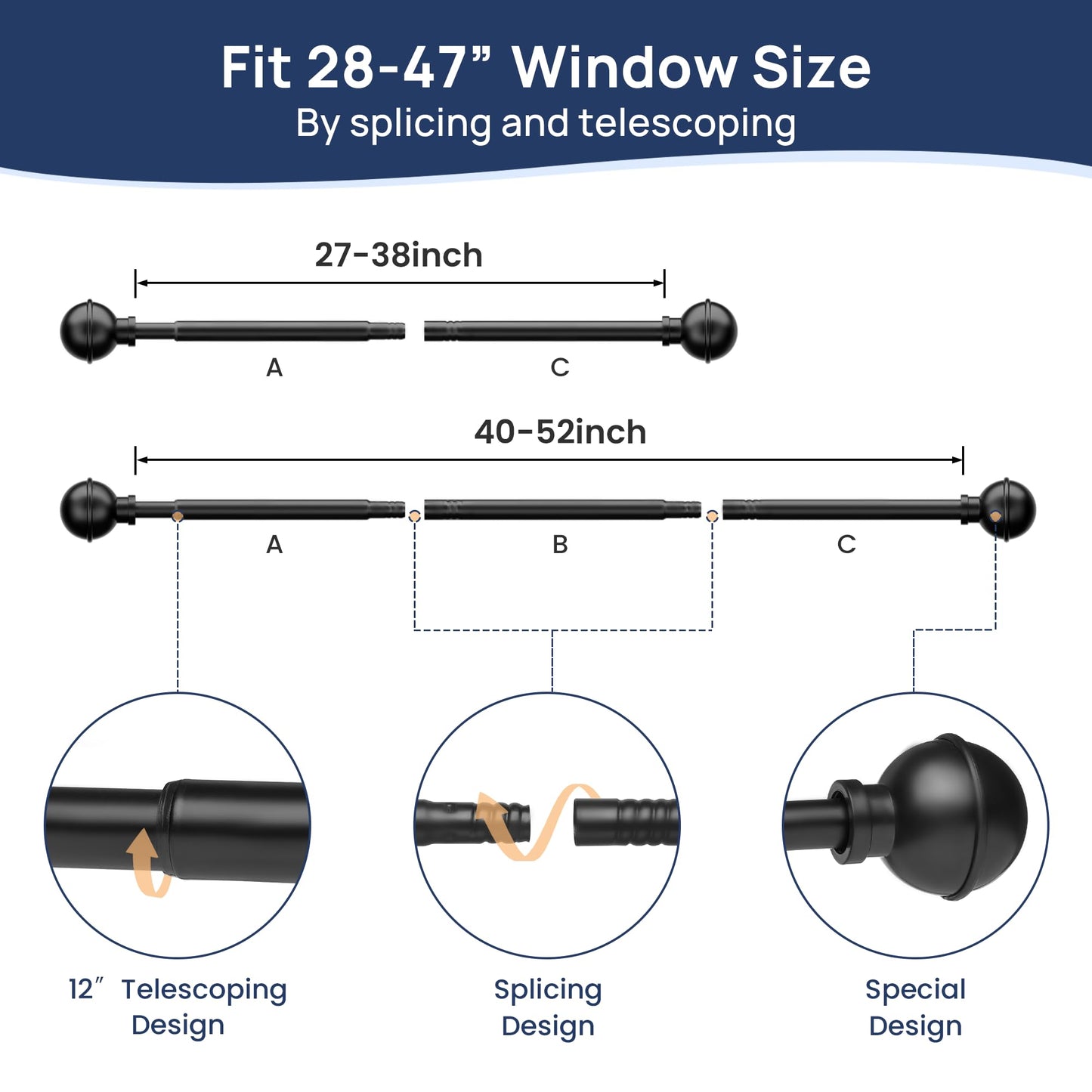 ENJOYBASICS No Drill Curtain Rods for Window 28 to 47 Inches, 5/8 Inch Diameter Renter Friendly Drapery Rod with Adhesive Brackets without Drilling, Adjustable from 27 to 52 Inches, Black