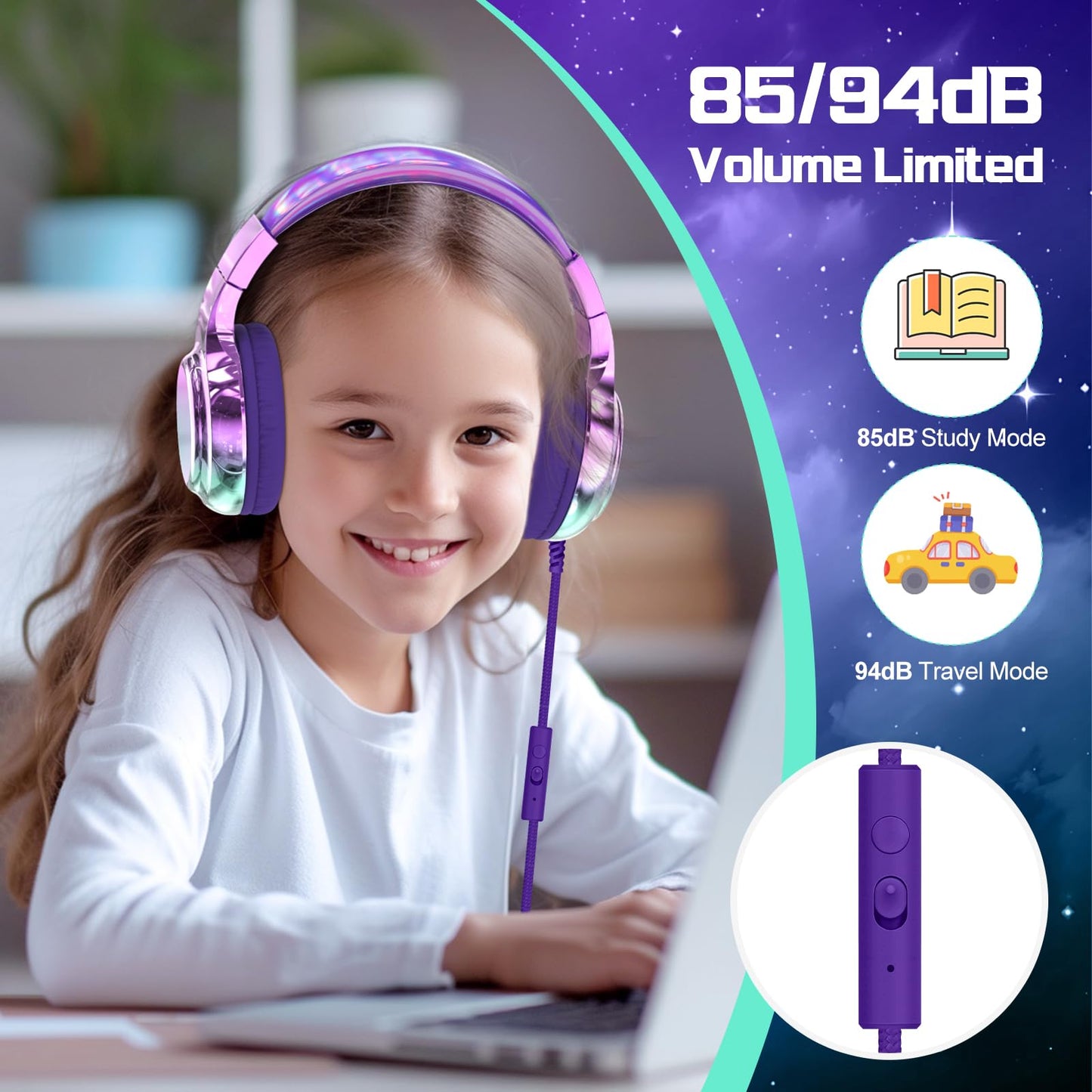 QearFun Kids Headphones Wired with 85/94dB Volume Limit, Foldable On-Ear Headset with Microphone & Audio Sharing Port for School, Travel, Tablet, iPad - for Boys & Girls