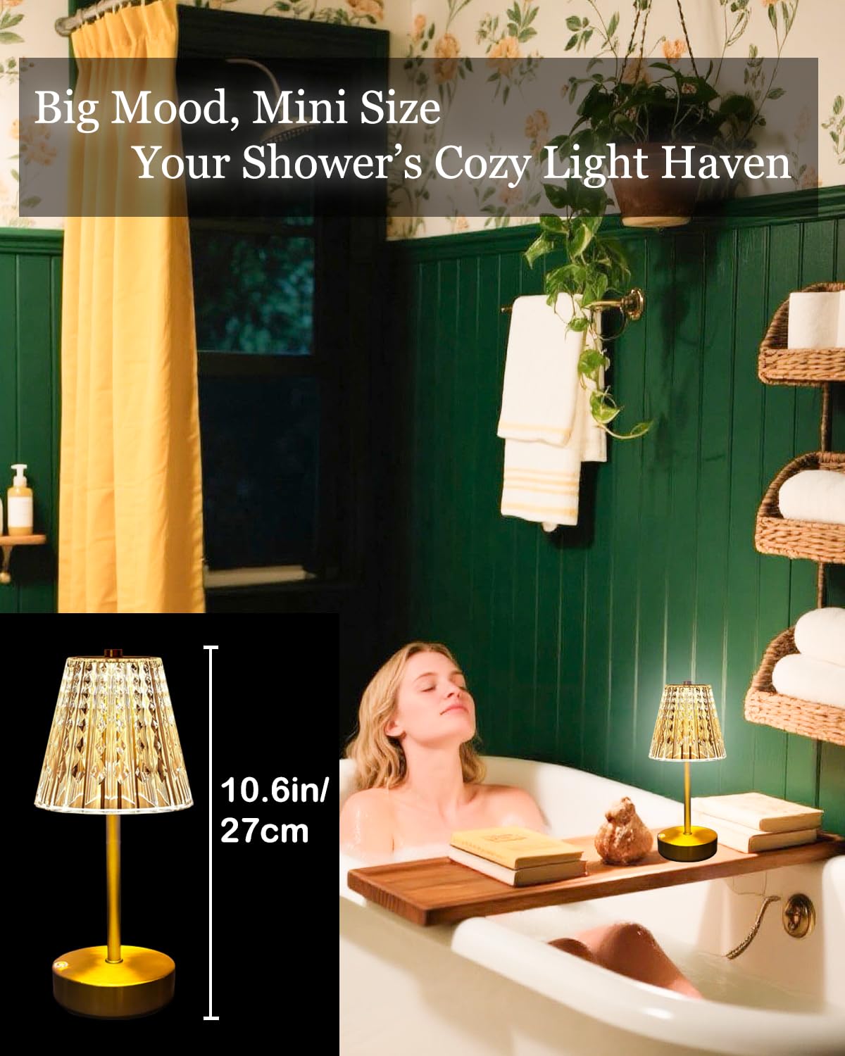 Gold Cordless Table Lamp Rechargeable,5000mAh Battery Operated Lamps,Mini Small Crystal Table Lamp for Restaurant Dining Bathroom/Kitchen Counter/Rechargable Touch Lamp for Home Dinner Shower Lamp