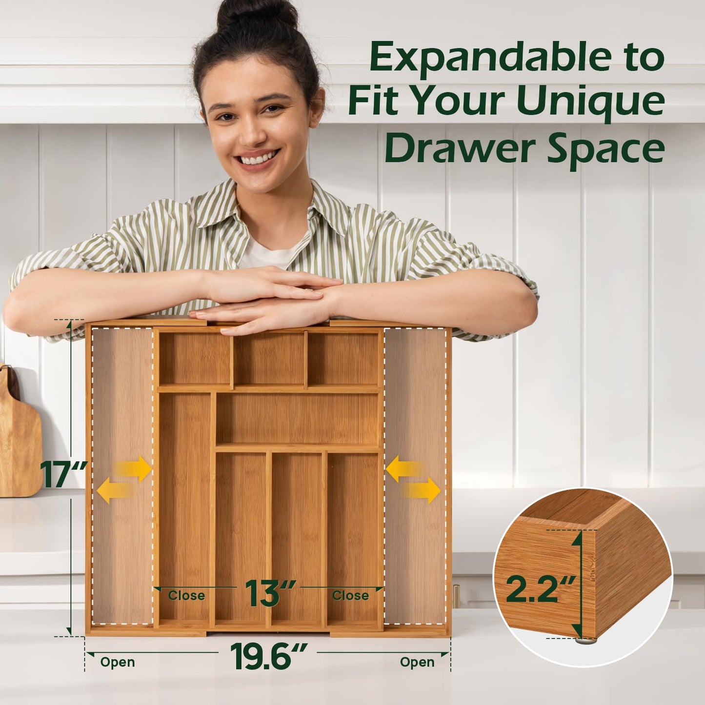 keechee Carbonized Bamboo Kitchen Drawer Organizer, 8-10 Slots Expandable Silverware Organizer, Utensil Holder & Cutlery Tray, 2.2" Deep for Extra Capacity, Non-Slip Feet Included.