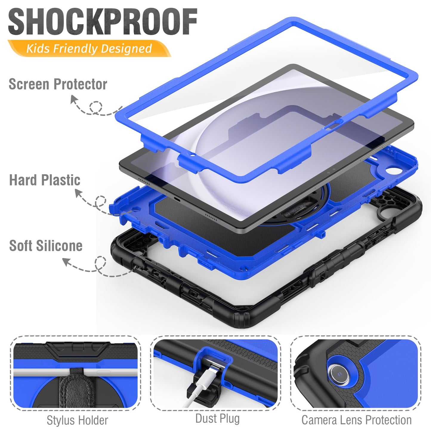 HXCASEAC Case for Samsung Galaxy Tab A9+ Plus 11 Inch, Protective with Screen Protector/Hand Strap/Pen Holder, Sturdy Shockproof for Samsung A9 Plus Tablet Case SM-X210 SM-X216 SM-X218 - Blue