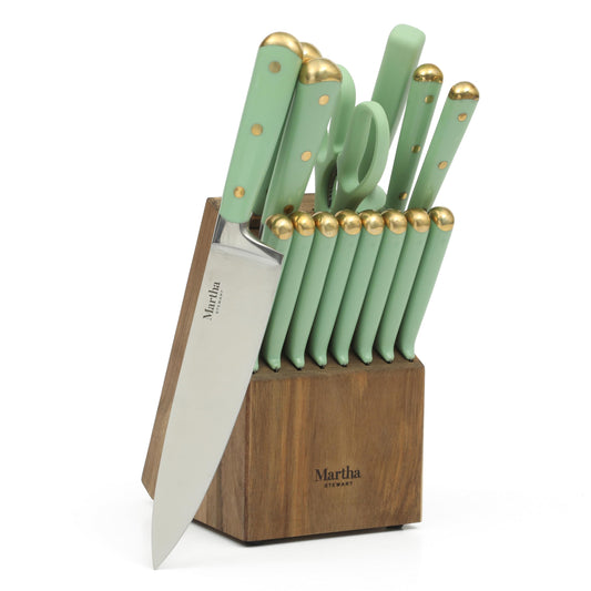 Martha Stewart 16 Piece Lockton High Carbon Stainless Steel Cutlery Kitchen Knife Block Set W/ABS Tripe Riveted Forged Handle Acacia Wood Block - Sage Green W/Gold