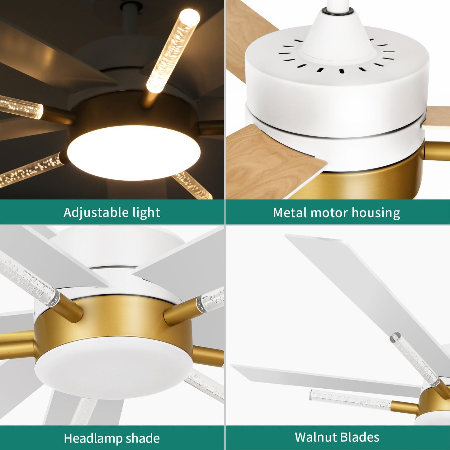 YITAHOME 60 Inch Ceiling Fan with Light and Remote, 5 Blades with Crystal Rod Design, Modern Chandelier Ceiling Fan with Reversible Quiet Motor, Indoor Fan with 3 LED Color, White &Gold