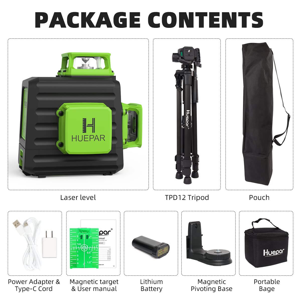 Laser Level 360 Self Leveling with 47" Tripod, Huepar 3x360° High Brightness Green Laser Leveler Tool for Construction, Tile and Picture Hanging, 5200 mAh Li-ion Battery & 2 Portable Bag Included